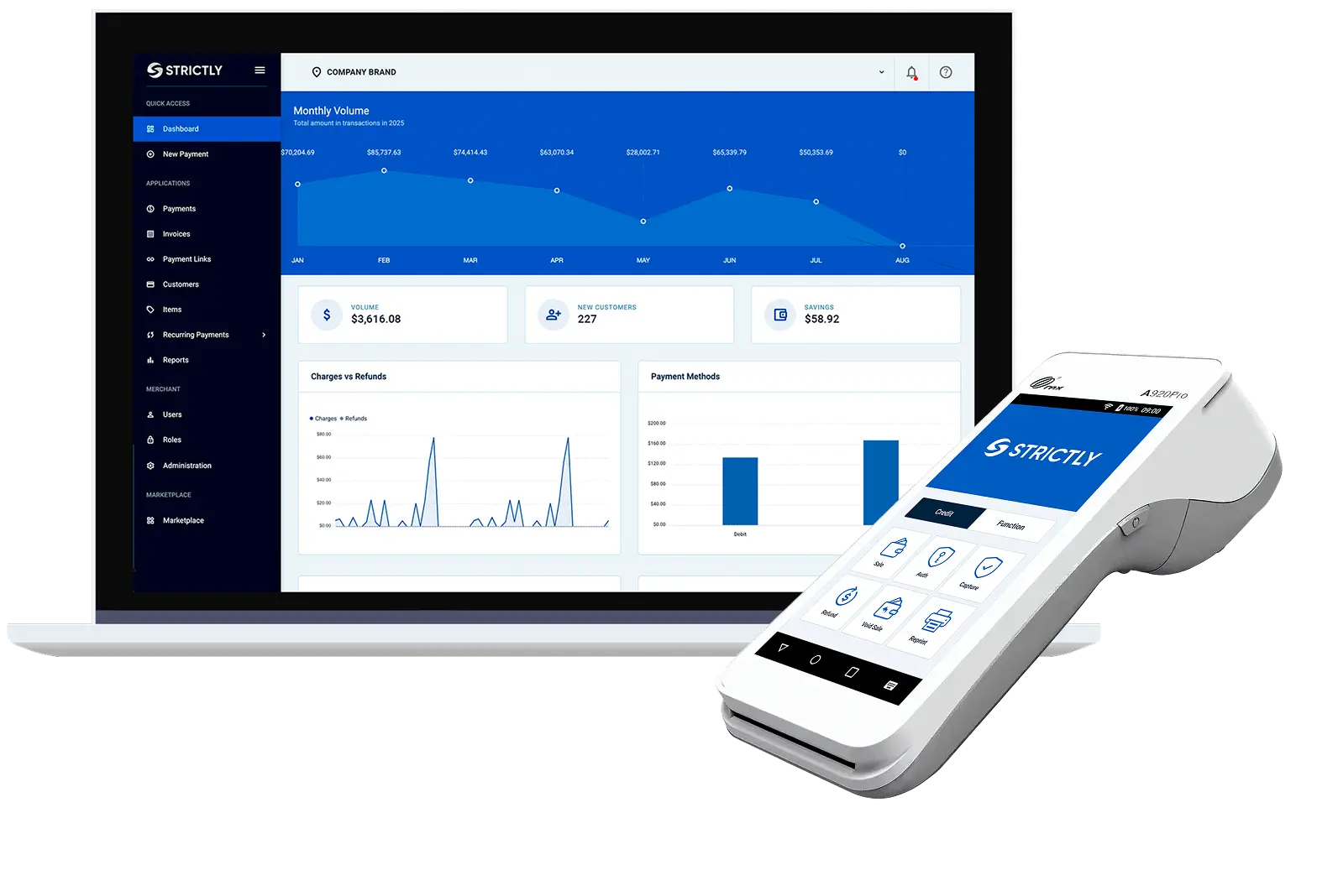 Strictly payment dashboard on a laptop with a payment terminal