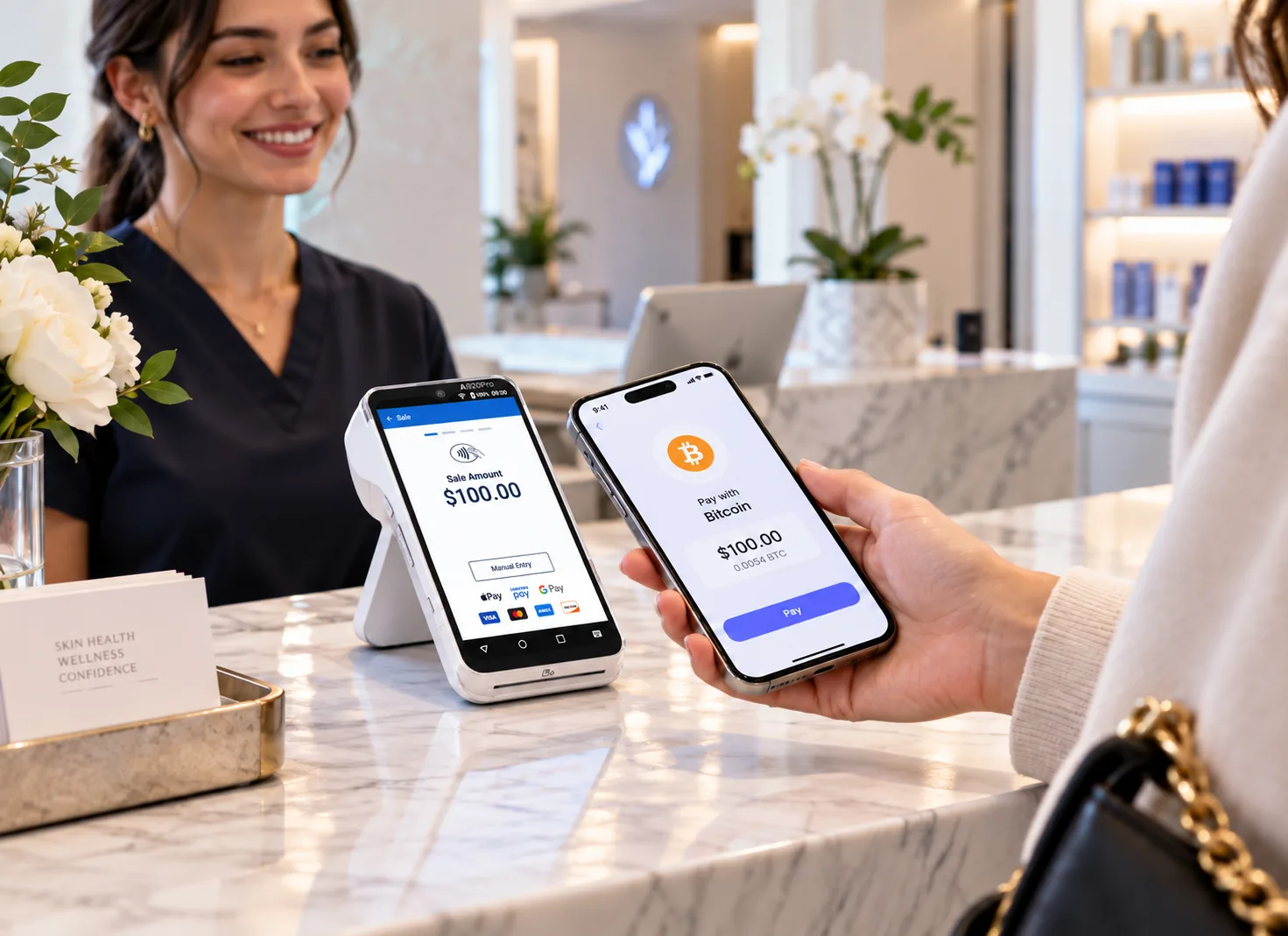 Customer paying with a digital asset on a phone at a front-desk payment terminal